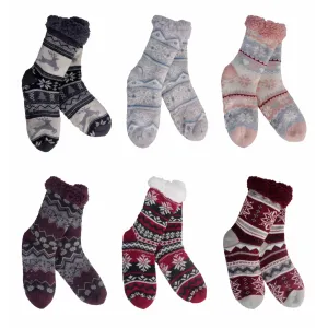 BUY ONE GET ONE FREE Knit Thermal Slipper Socks with Gripping Soles Snowflake Pattern with Color Sherpa