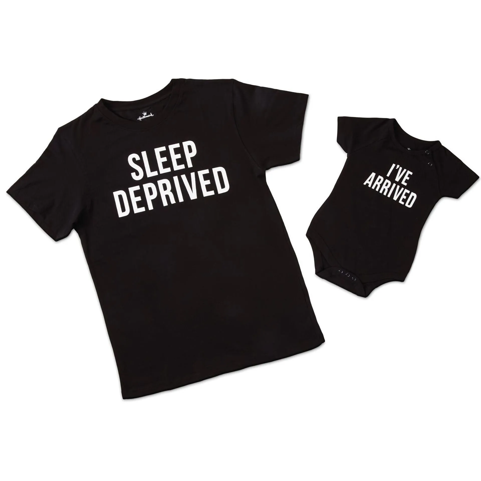 Hallmark "Sleep Deprived" New Parent T-Shirt and "I've Arrived" Newborn Bodysuit for Baby 06 Months