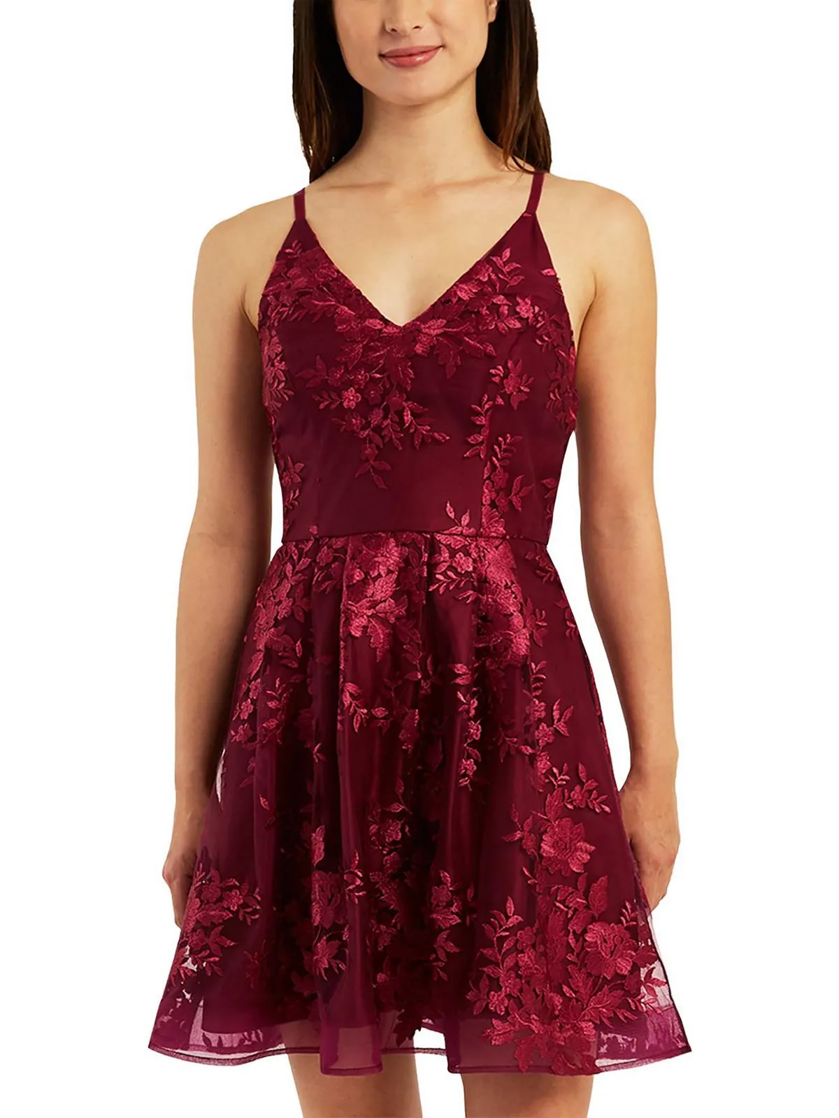 Juniors Womens Embroidered Mini Fit & Flare Dress