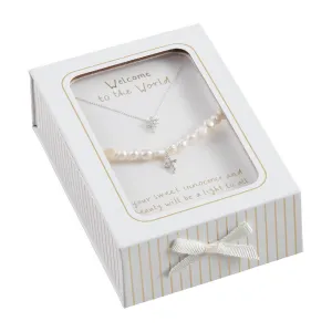 Pave Cross and Pearl Bracelet and Necklace Set in Gift Box