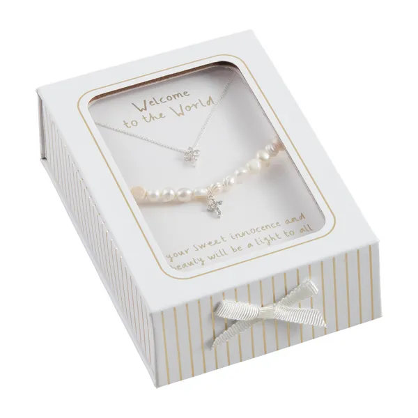 Pave Cross and Pearl Bracelet and Necklace Set in Gift Box