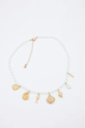 Pearl and Shell Charm Necklace in Gold | QNB954GDCRM