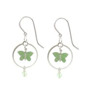 Silver Forest Butterfly in Open Circle Pierced Earrings