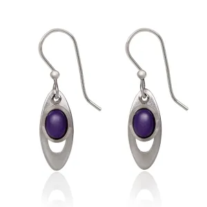 Silver Forest Earrings Open Long Oval with Purple Bead