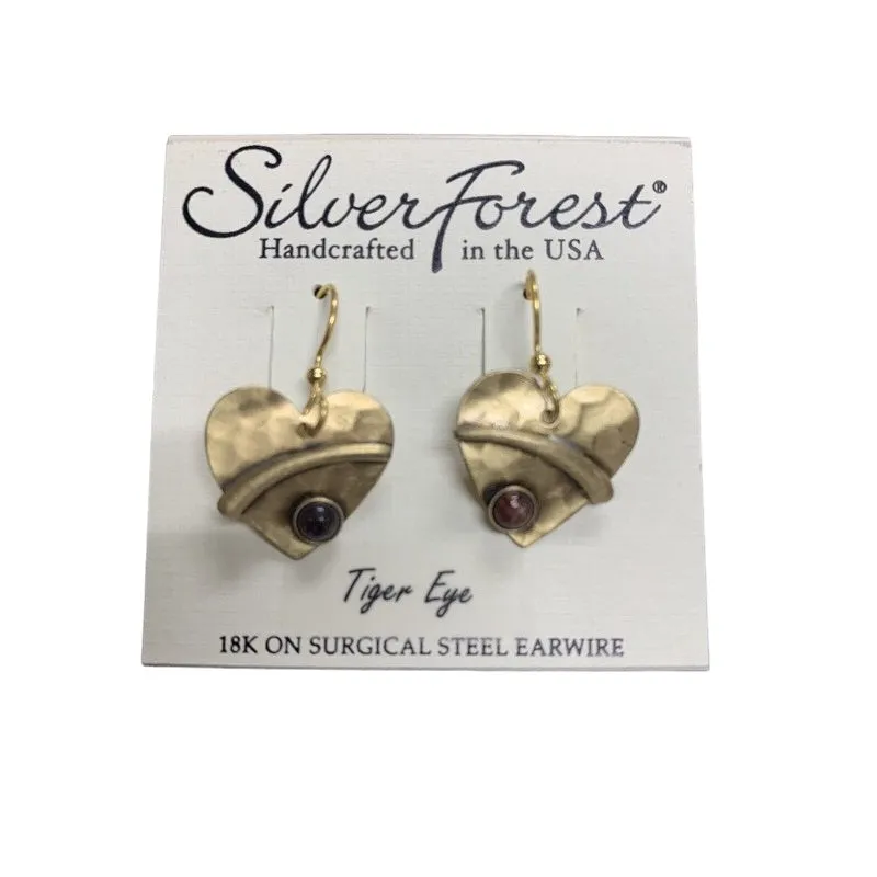 Silver Forest Tiger Eye Heart Earrings