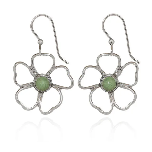 Spirit by Silver Forest Open Flower with Pale Green Stone Earrings in Silver