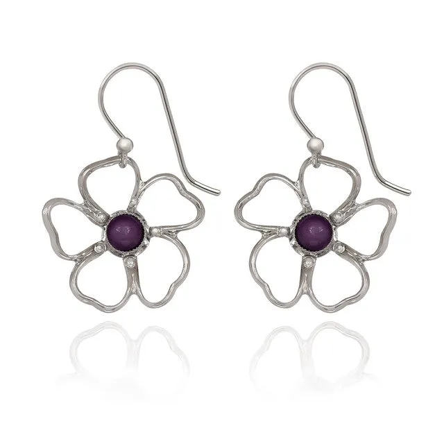 Spirit by Silver Forest Open Flower with Purple Stone Earrings in Silver