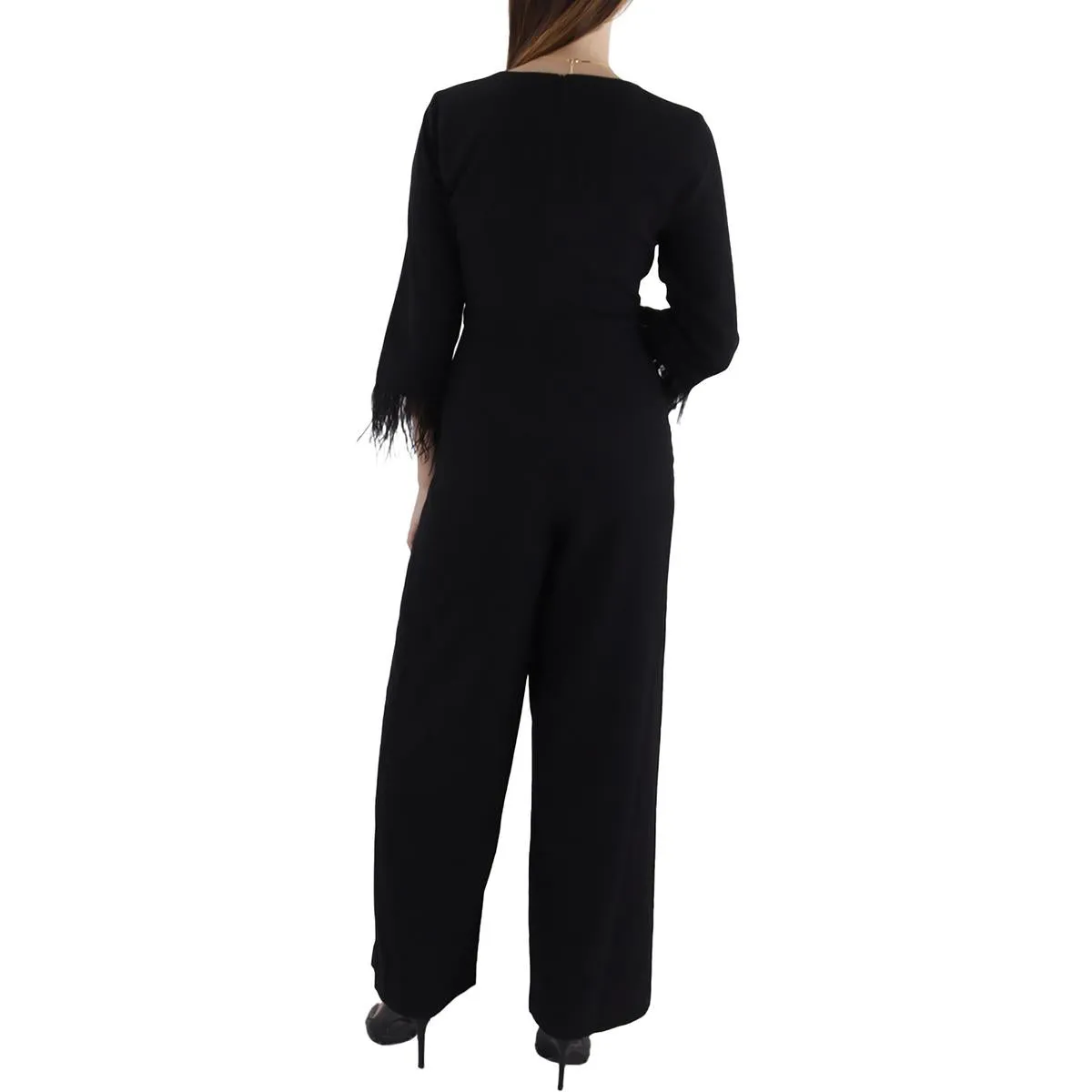 Womens Faux Feather Trim V Neck Jumpsuit