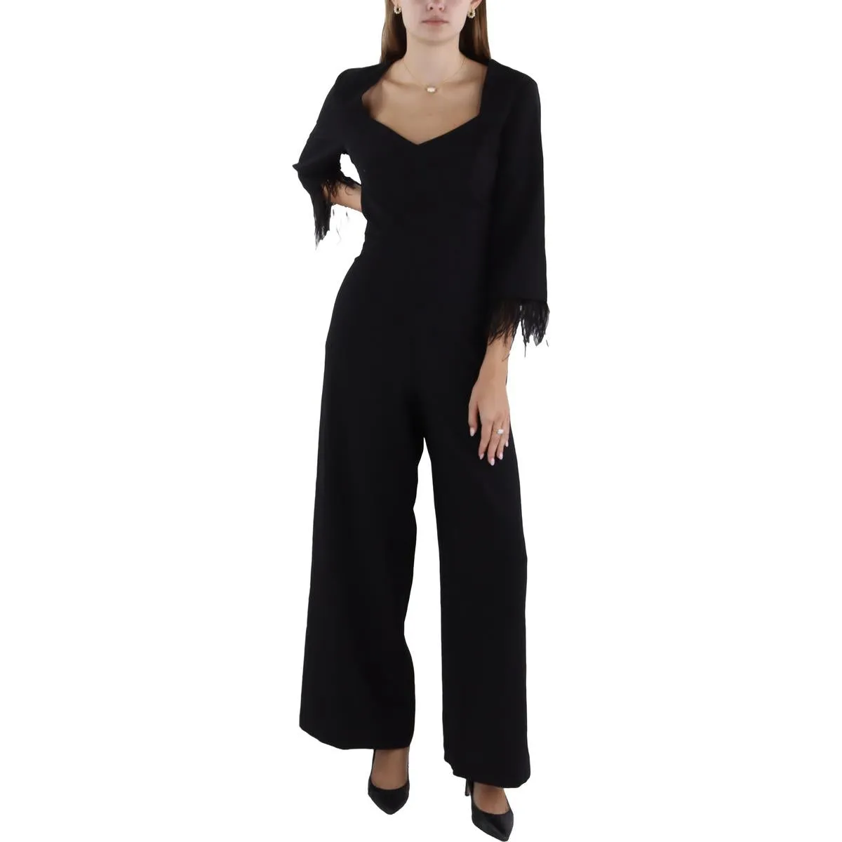 Womens Faux Feather Trim V Neck Jumpsuit