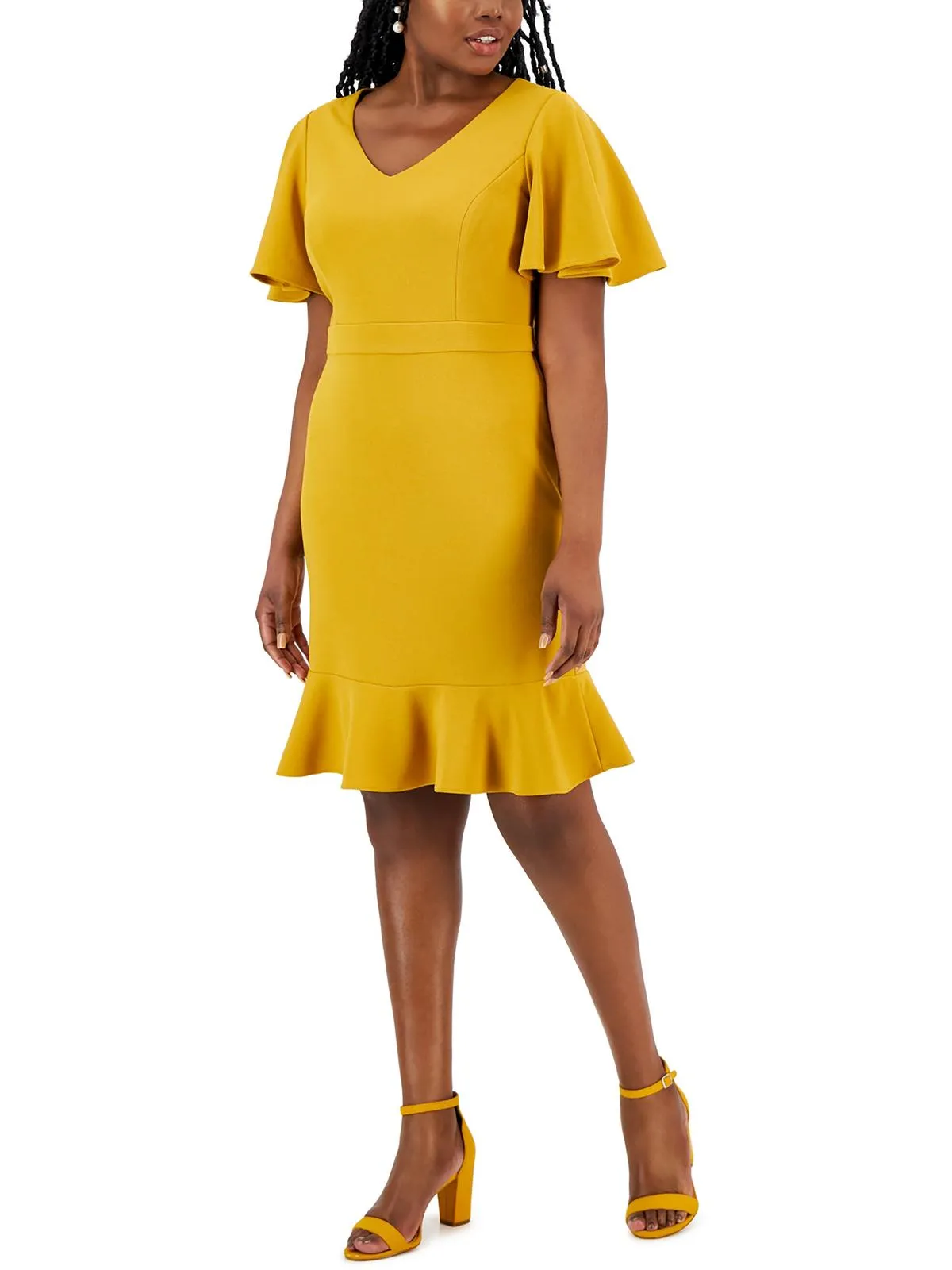 Womens Knit Flutter Sleeves Sheath Dress